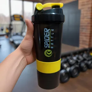 شیکر اسپایدر 0.5 لیتری مدل سه تکه، جنس پلاستیک بدون BPA، دارای درب ضامن‌دار با سری لوله‌ای، عایق حرارت پلاستیک، محفظه نگهداری قرص و پودر، شیکر فنری، ضد نشت آب - ورزش و سفر